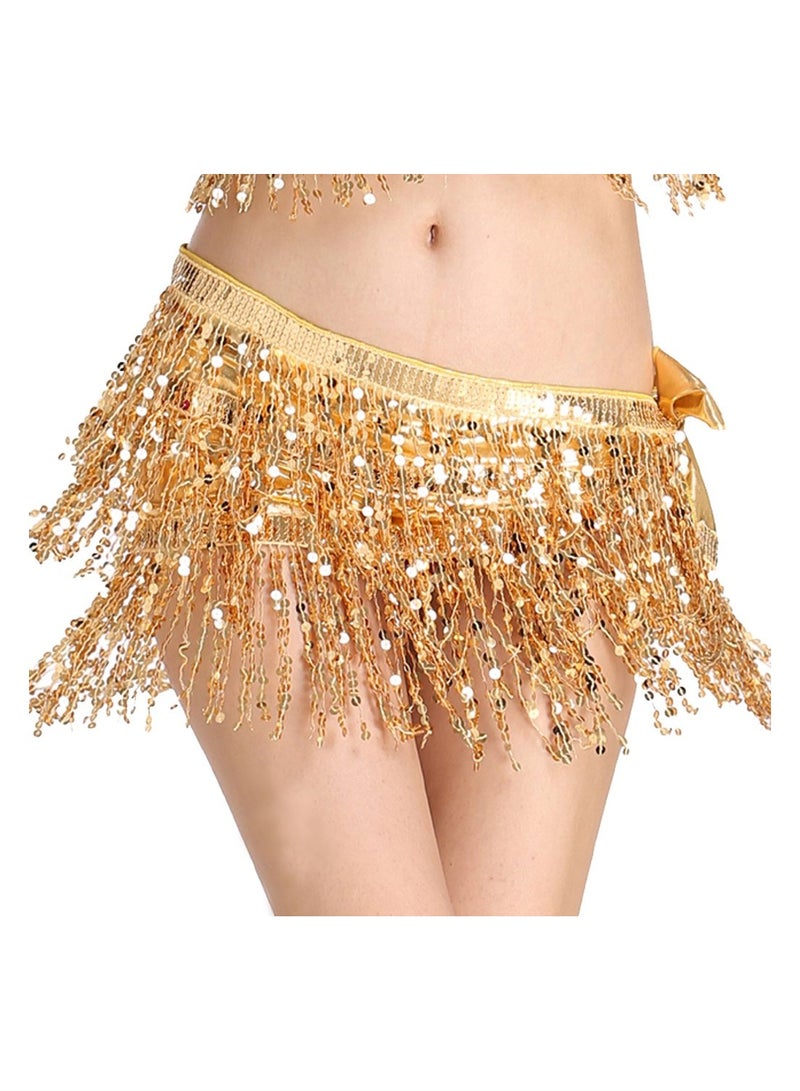 KASTWAVE Women Belly Dance Tassel Hip Scarf, Dancing Costumes Sequin Hip Belt Skirt, Disco Fringe Short Sparkly Skirt Rave Party Dance Belly Skirt for Women Girls - Free Size - Image 1