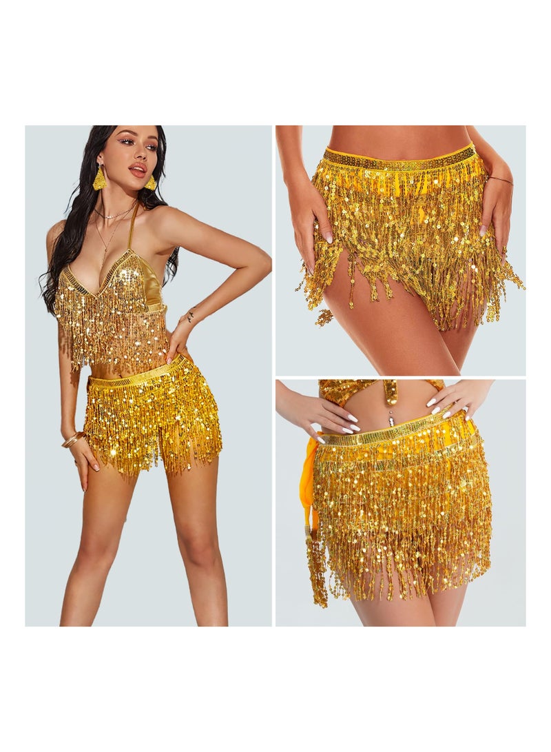 KASTWAVE Women Belly Dance Tassel Hip Scarf, Dancing Costumes Sequin Hip Belt Skirt, Disco Fringe Short Sparkly Skirt Rave Party Dance Belly Skirt for Women Girls - Free Size - Image 3