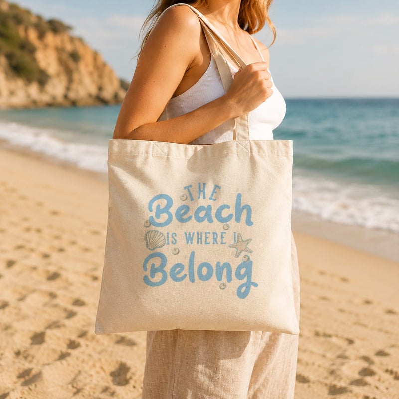 حقيبة قماش كانفاس نسائية بطبعة "The Beach Is Where I Belong" بخط أزرق، شوبر قطن صديق للبيئة وقابل لإعادة الاستخدام للكتف، للشاطئ والتسوق والاستخدام اليومي، مقاس كبير 30x40 سم - Image 3