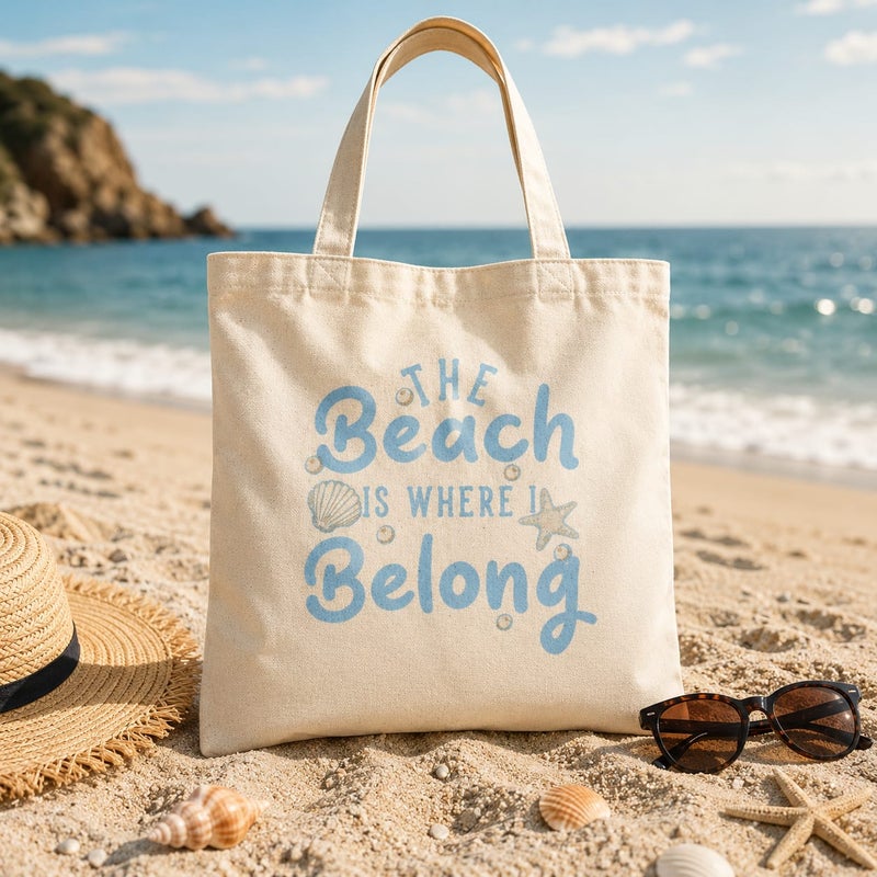 حقيبة قماش كانفاس نسائية بطبعة "The Beach Is Where I Belong" بخط أزرق، شوبر قطن صديق للبيئة وقابل لإعادة الاستخدام للكتف، للشاطئ والتسوق والاستخدام اليومي، مقاس كبير 30x40 سم - Image 2
