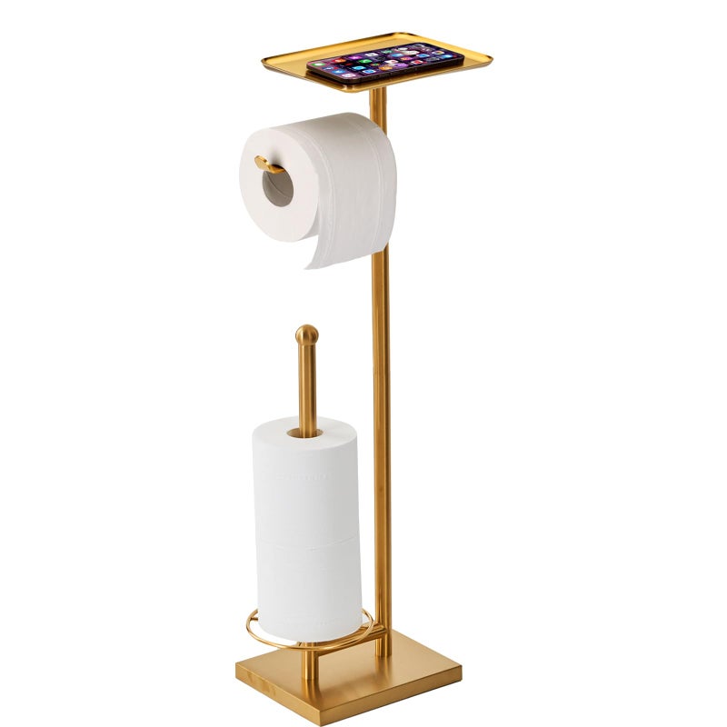 Sfemn Toilet Paper Holder with Tray At the Top HeavyWeighted Base No Wobbly Freestanding Toilet Paper Rolls Stand Hold Extra 3 Paper Rolls On the Base Gold - Image 2