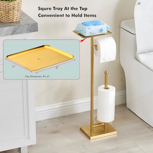 Sfemn Toilet Paper Holder with Tray At the Top HeavyWeighted Base No Wobbly Freestanding Toilet Paper Rolls Stand Hold Extra 3 Paper Rolls On the Base Gold - Image 3