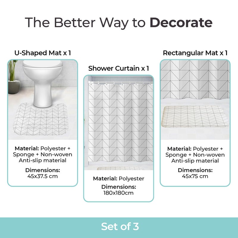 The Better Home Shower Curtain(180*180cm) Bathroom Mat(45*75cm) & U Shaped Mat(45*38cm) | 3Pcs Bathroom Accessories Set | Anti Skid Mat For Bathroom Floor | Water-Poof Polyester Material- Wavy Edges - Image 4