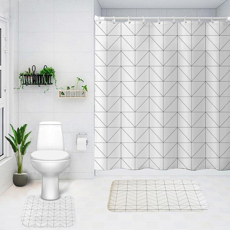 The Better Home Shower Curtain(180*180cm) Bathroom Mat(45*75cm) & U Shaped Mat(45*38cm) | 3Pcs Bathroom Accessories Set | Anti Skid Mat For Bathroom Floor | Water-Poof Polyester Material- Wavy Edges - Image 1