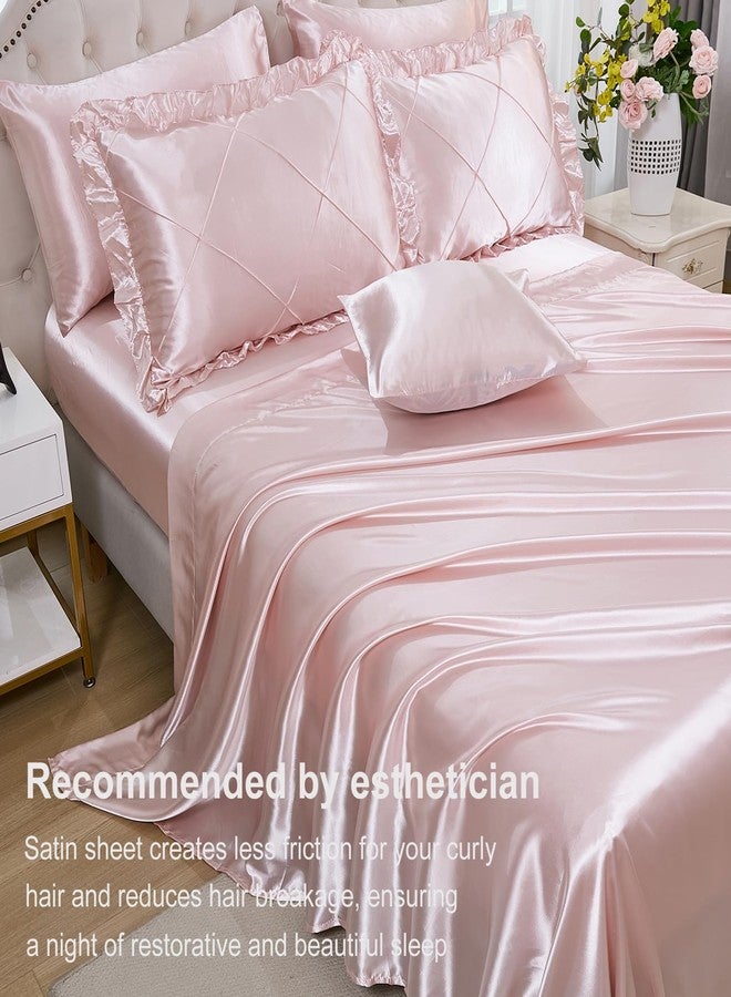 Bedding_Dreamer طقم لحاف وردي مع طقم ملاءات، مقاس كوين، طقم سرير حريري فاخر، طقم سرير حريري فاخر مكون من 8 قطع، طقم سرير بكسرات أنيقة، ديكور منزلي فاخر، لحاف من الساتان المكشكش مع غطاء وسادة واحد - Image 4