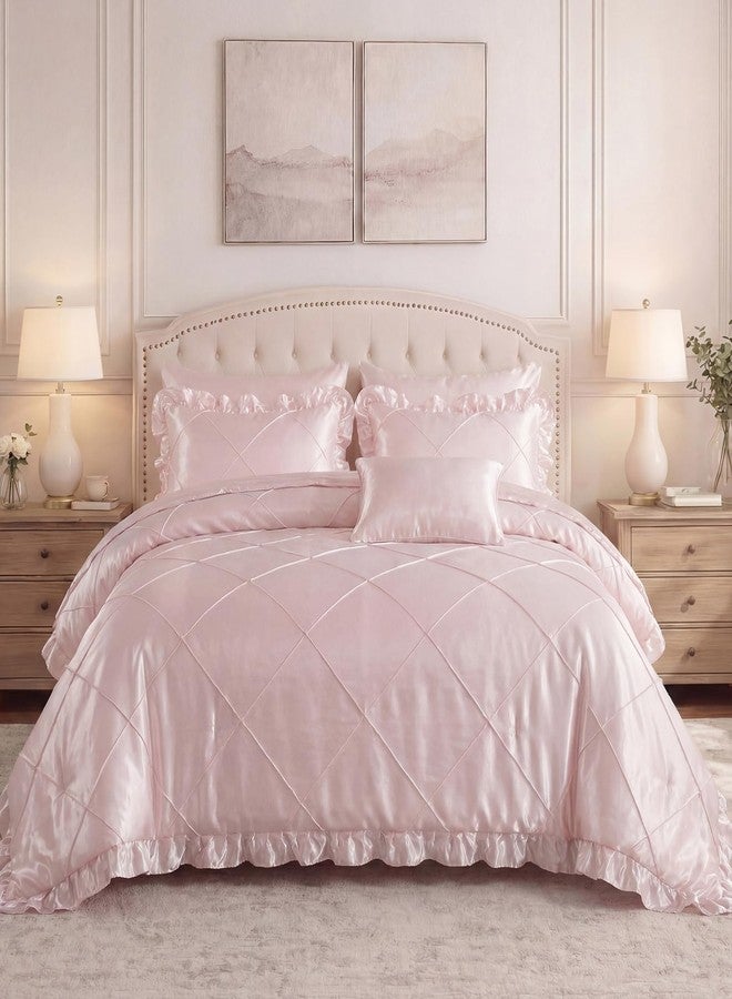 Bedding_Dreamer طقم لحاف وردي مع طقم ملاءات، مقاس كوين، طقم سرير حريري فاخر، طقم سرير حريري فاخر مكون من 8 قطع، طقم سرير بكسرات أنيقة، ديكور منزلي فاخر، لحاف من الساتان المكشكش مع غطاء وسادة واحد - Image 1