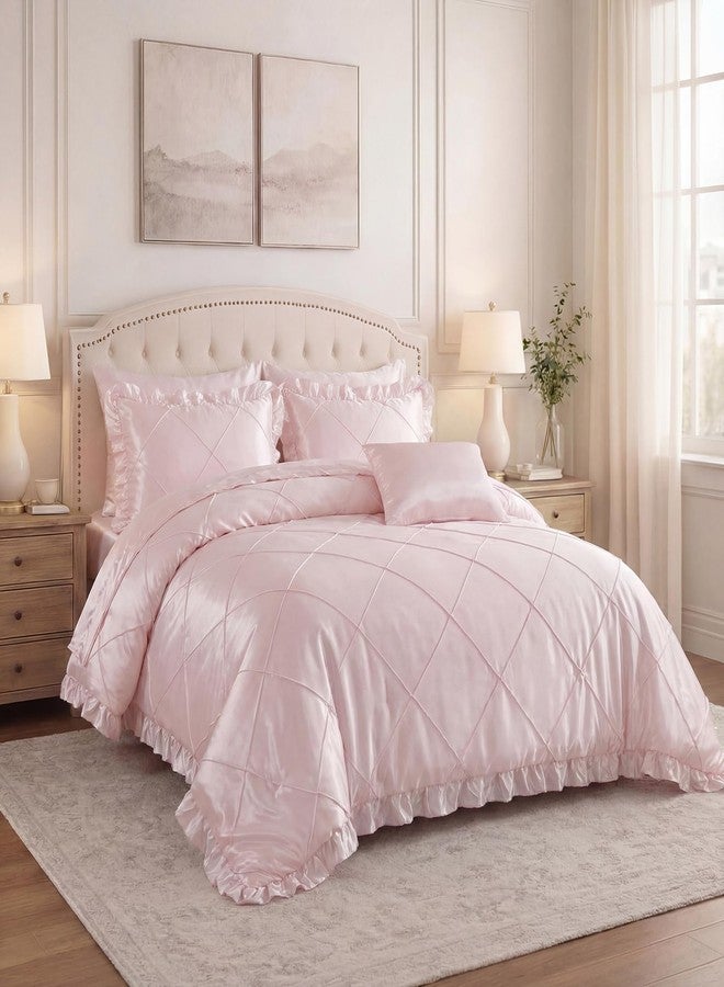 Bedding_Dreamer طقم لحاف وردي مع طقم ملاءات، مقاس كوين، طقم سرير حريري فاخر، طقم سرير حريري فاخر مكون من 8 قطع، طقم سرير بكسرات أنيقة، ديكور منزلي فاخر، لحاف من الساتان المكشكش مع غطاء وسادة واحد - Image 2