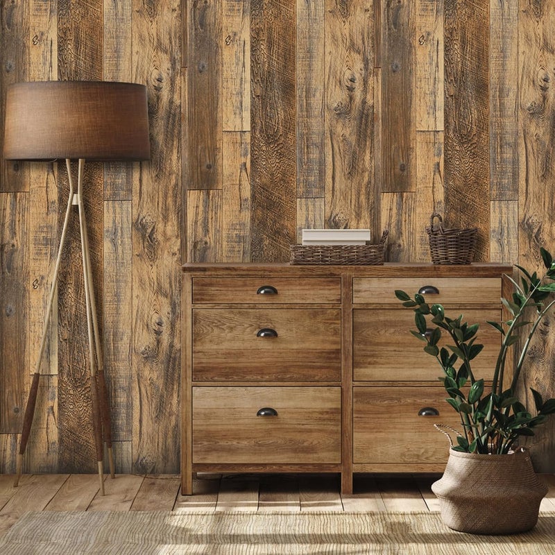Decoroom 17.71''×511'' Peel and Stick Wallpaper Distressed Wood Plank Wallpaper Rustic Wood Grain Pattern Wall Paper Removable Self Adhesive Brown Shiplap Vinyl Film - Image 2