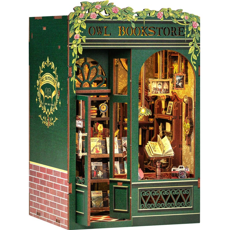 Fsolis Book Nook Kit Booknook 3D Wooden Puzzles for Adults DIY Bookshelf Diorama Miniature Kit Mini House Building Bookshop Model Bookish Gifts for Book Lovers Readers Book WormsOWL Bookstore - Image 2