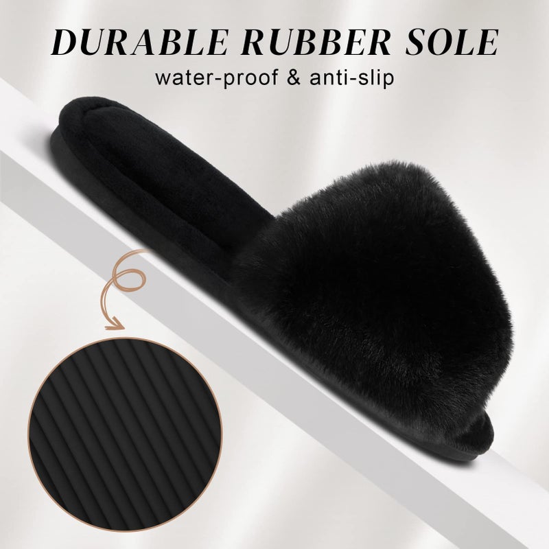 Parlovable Women's Faux Fur Slippers Fuzzy Flat Spa Fluffy Open Toe House Shoes Indoor Outdoor Slip on Memory Foam Slide Sandals Black 7-8 - Image 2