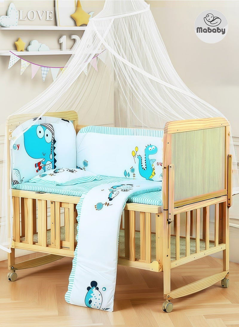 MaBaby 6-in-1 Convertible Wooden Baby Crib with Mattress - Adjustable Height, Portable Multi-Functional Nursery Bed with Wheels, Extended Length (102 to 140cm), Storage & Desk Mode - Includes Mosquito Net & 5-Piece Bedding Set - Image 1
