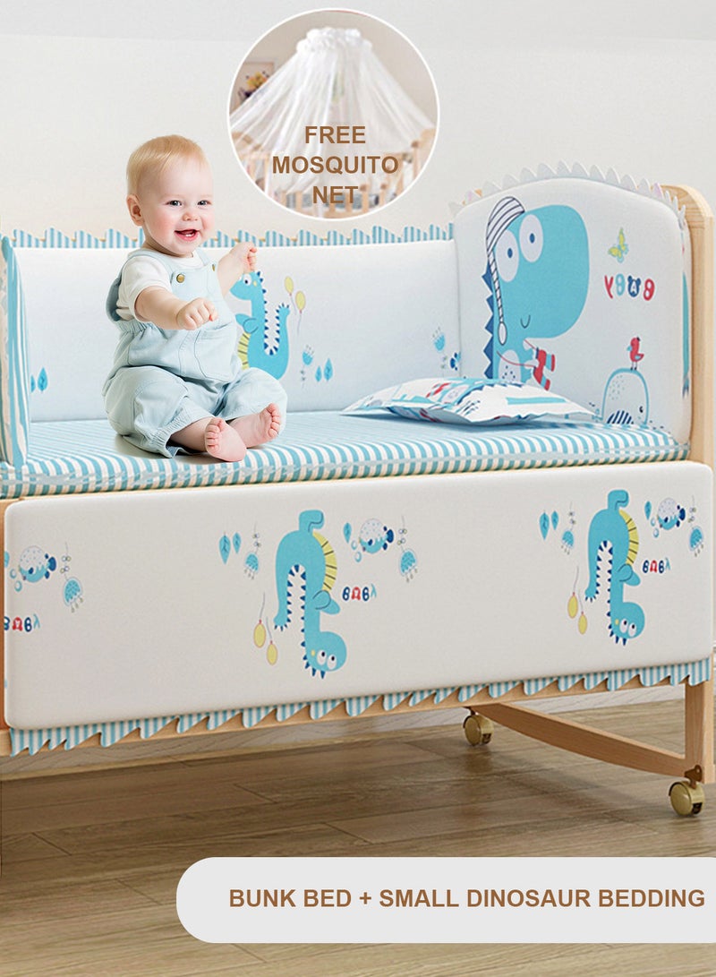 MaBaby 6-in-1 Convertible Wooden Baby Crib with Mattress - Adjustable Height, Portable Multi-Functional Nursery Bed with Wheels, Extended Length (102 to 140cm), Storage & Desk Mode - Includes Mosquito Net & 5-Piece Bedding Set - Image 3