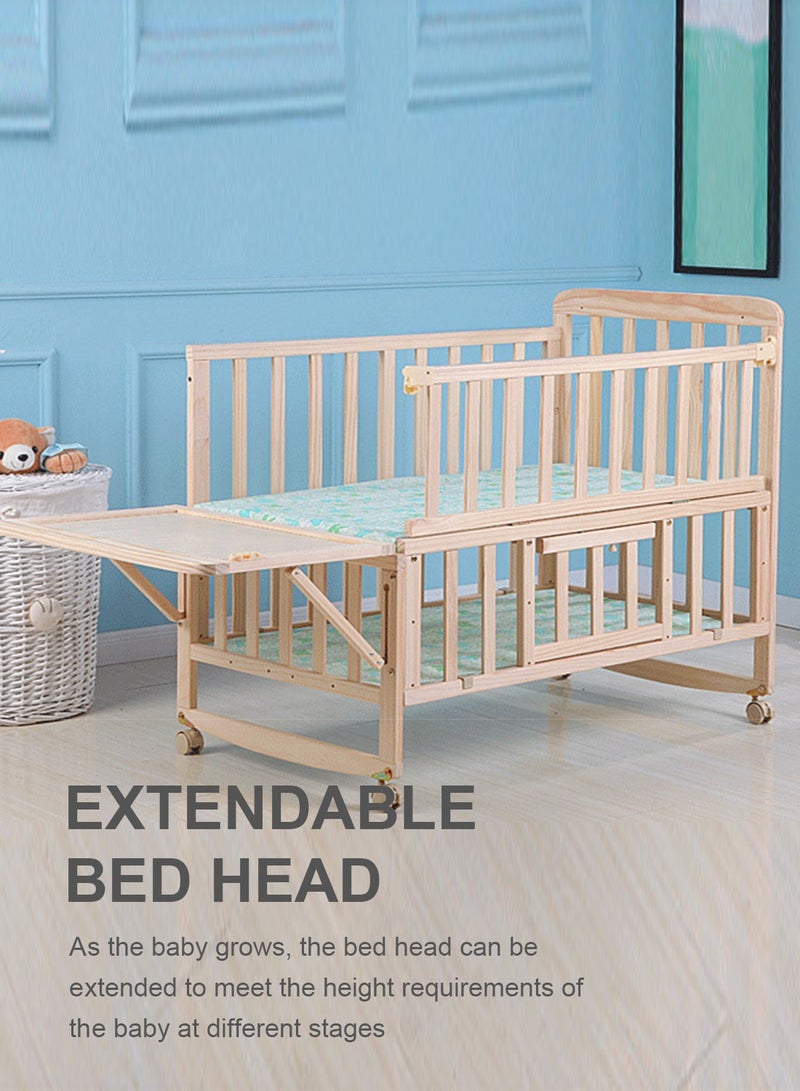 MaBaby 6-in-1 Convertible Wooden Baby Crib with Mattress - Adjustable Height, Portable Multi-Functional Nursery Bed with Wheels, Extended Length (102 to 140cm), Storage & Desk Mode - Includes Mosquito Net & 5-Piece Bedding Set - Image 2