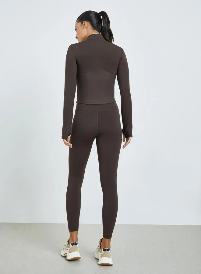 Styli Active Brown Brown Half Panel Rib Textured Full Zip Up Jacket and Leggings Set for Women | Best Price UAE