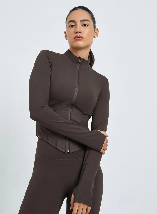 Styli Active Brown Brown Half Panel Rib Textured Full Zip Up Jacket and Leggings Set for Women | Best Price UAE
