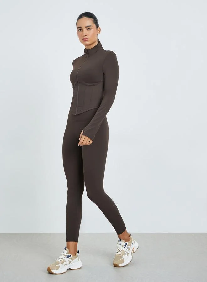 Styli Active Brown Brown Half Panel Rib Textured Full Zip Up Jacket and Leggings Set for Women | Best Price UAE