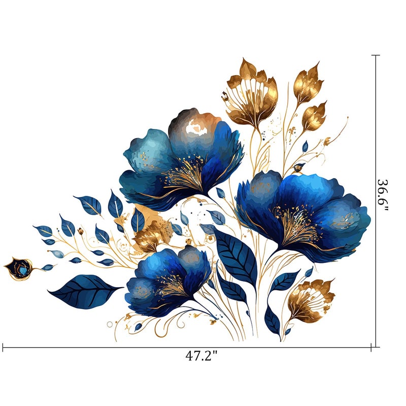 VePret Large Blue Gold Flowers Wall Decals Peel and Stick, Luxurious Floral Wall Stickers, Removable Vinyl Home Decor Art for Bedroom Living Room Classroom Office - Image 2