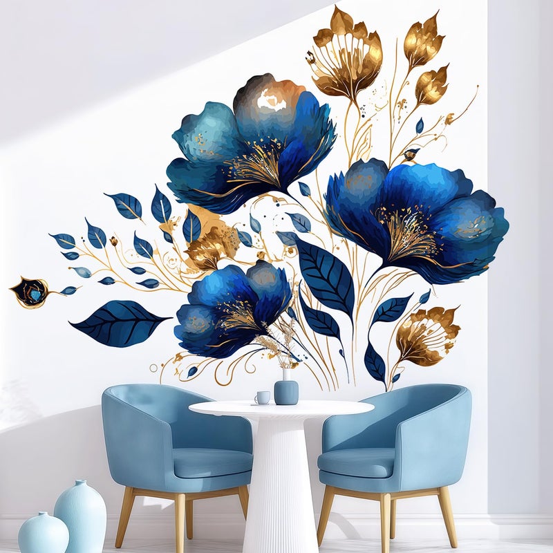 VePret Large Blue Gold Flowers Wall Decals Peel and Stick, Luxurious Floral Wall Stickers, Removable Vinyl Home Decor Art for Bedroom Living Room Classroom Office - Image 1