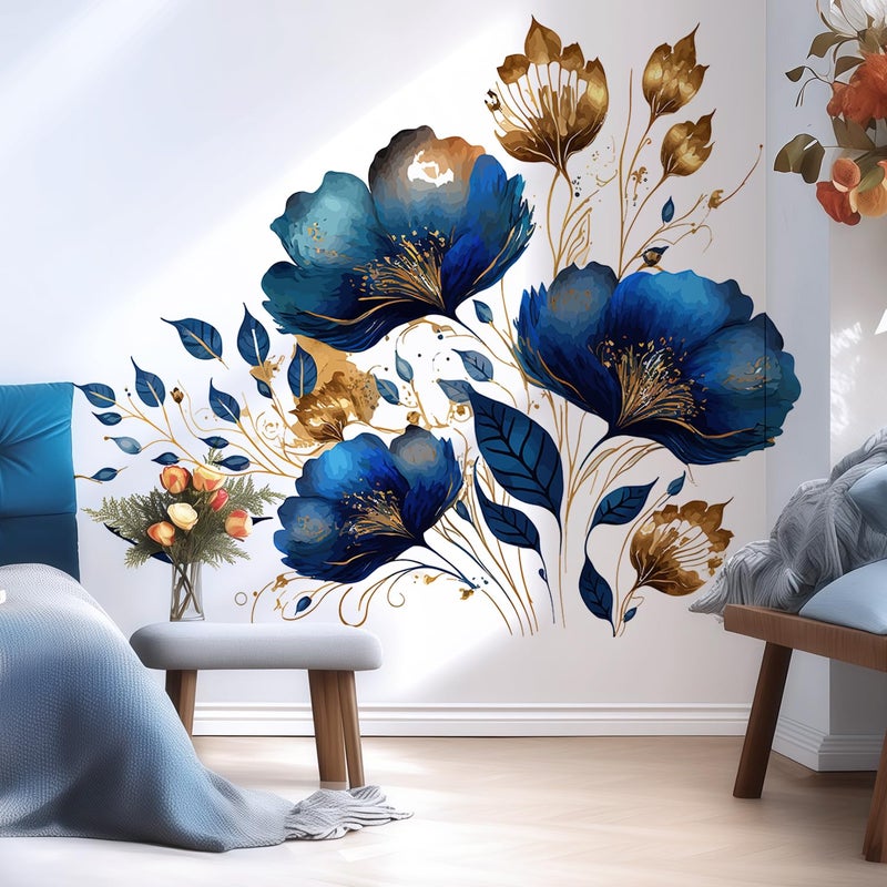 VePret Large Blue Gold Flowers Wall Decals Peel and Stick, Luxurious Floral Wall Stickers, Removable Vinyl Home Decor Art for Bedroom Living Room Classroom Office - Image 3