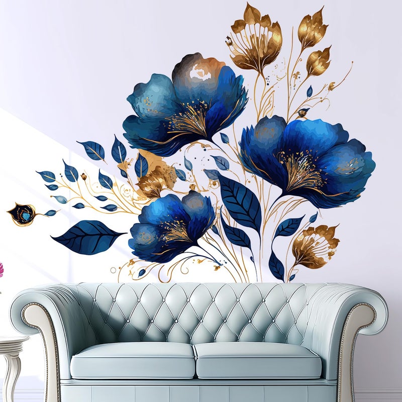 VePret Large Blue Gold Flowers Wall Decals Peel and Stick, Luxurious Floral Wall Stickers, Removable Vinyl Home Decor Art for Bedroom Living Room Classroom Office - Image 4