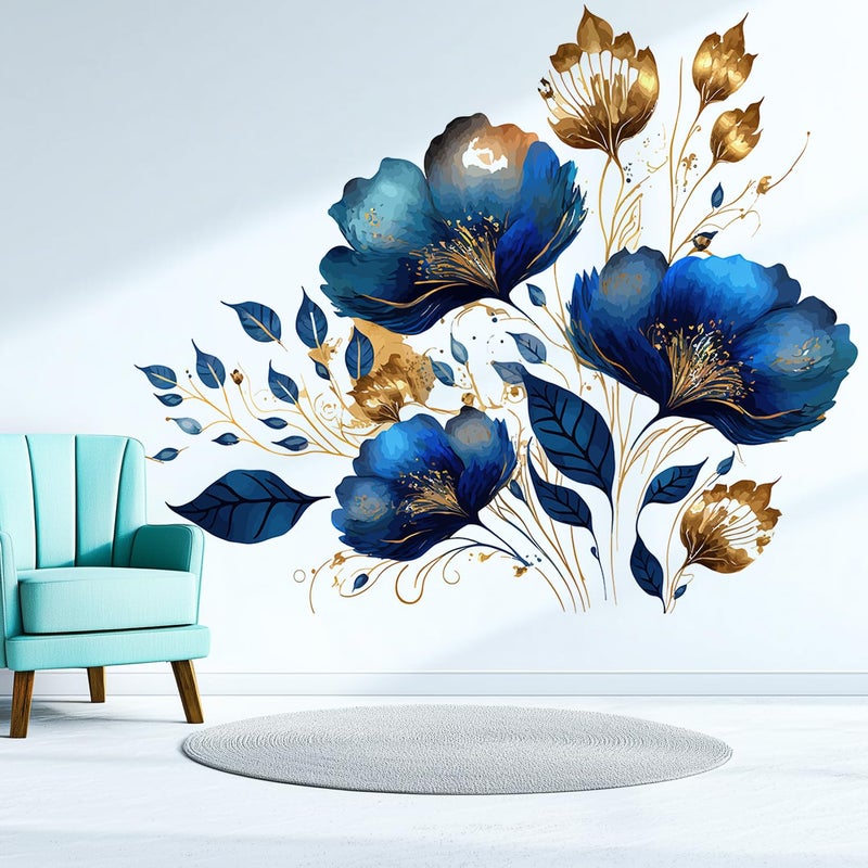 VePret Large Blue Gold Flowers Wall Decals Peel and Stick, Luxurious Floral Wall Stickers, Removable Vinyl Home Decor Art for Bedroom Living Room Classroom Office - Image 5