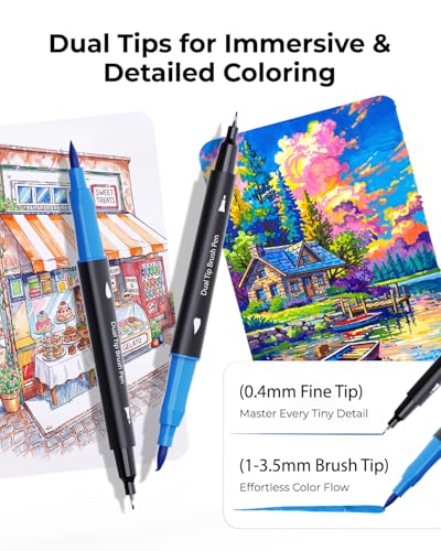 JusArt Markers for Adult Coloring Books No Bleeding, 60 Colors Coloring Markers with Dual Tips, Fine & Brush Pens with Ergonomic Triangle Grip & 33% More Ink, Water-Based Art Drawing Set for Adults - Image 2