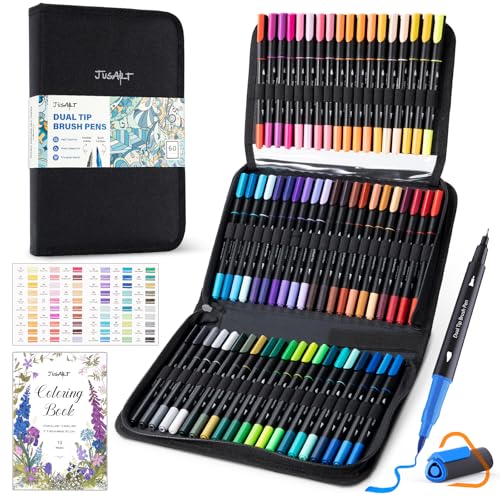 JusArt Markers for Adult Coloring Books No Bleeding, 60 Colors Coloring Markers with Dual Tips, Fine & Brush Pens with Ergonomic Triangle Grip & 33% More Ink, Water-Based Art Drawing Set for Adults - Image 1