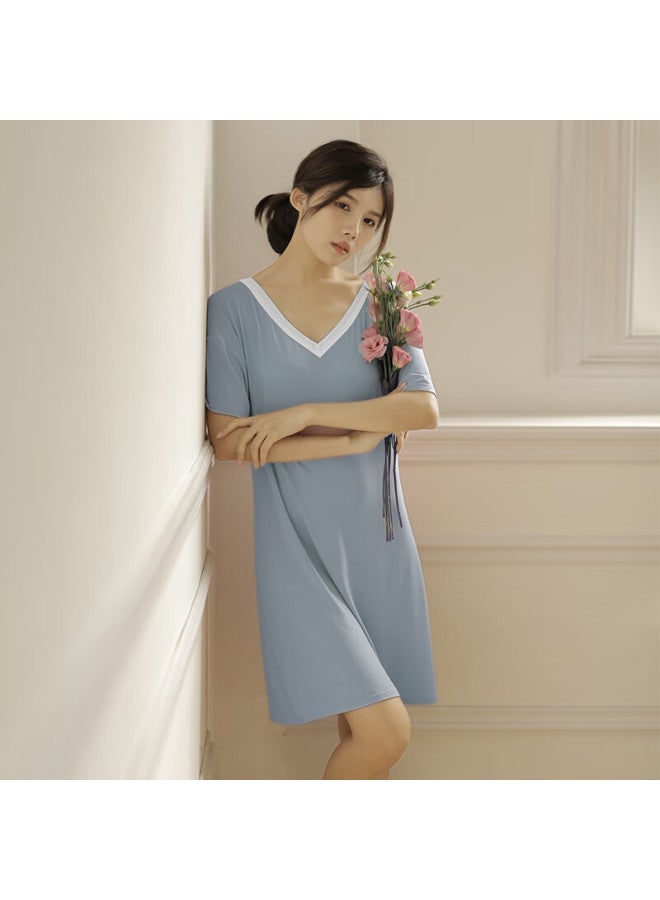 Agentmuse Women's Summer Modal Short-sleeve Pullover V-neck Comfortable Simple Nightgown 378, Grayish Blue, S - Image 1