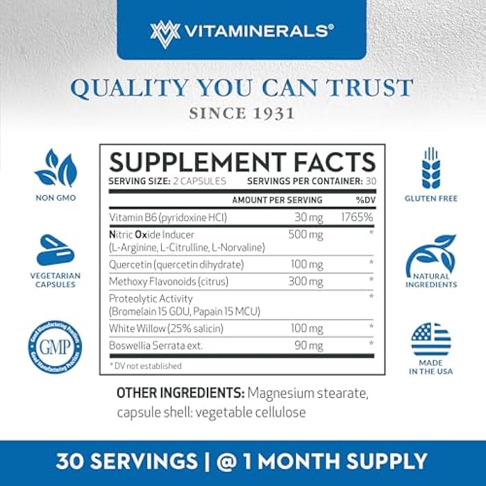 Vitaminerals 122 NOx NHF L-arginine, L-citrulline, L norvaline Plus B6, Quercetin, White Willow, Boswellia & Enzymes | 60 Veggie caps | 30 Servings - Image 5