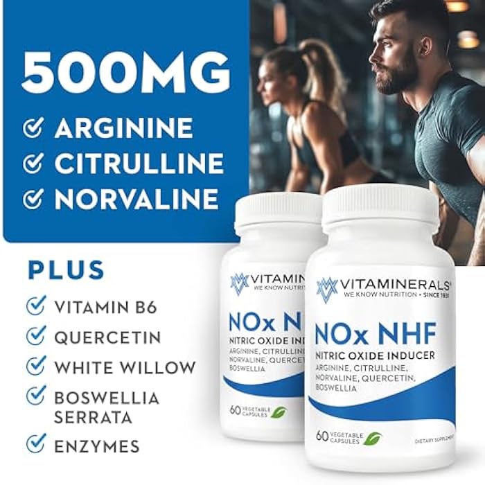 Vitaminerals 122 NOx NHF L-arginine, L-citrulline, L norvaline Plus B6, Quercetin, White Willow, Boswellia & Enzymes | 60 Veggie caps | 30 Servings - Image 2