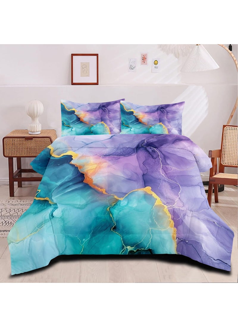 CCoutueChen CCoutueChen Blue Purple Marble Comforter Set Queen Size Teal Ombre Abstract Bedding Set Women Men Modern Aesthetic Comforters 3 Pieces Gold Marbling Art Bed Sets Soft Lightweight 90x90 Comforter Sets  - Image 1
