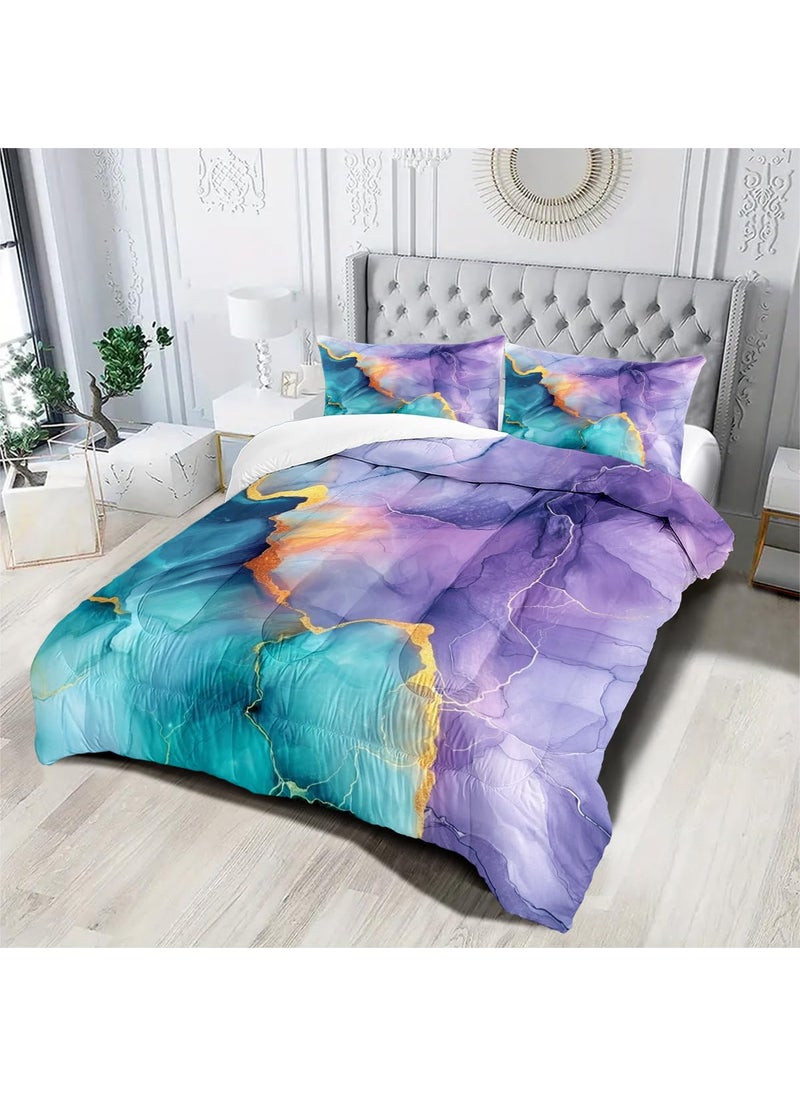CCoutueChen CCoutueChen Blue Purple Marble Comforter Set Queen Size Teal Ombre Abstract Bedding Set Women Men Modern Aesthetic Comforters 3 Pieces Gold Marbling Art Bed Sets Soft Lightweight 90x90 Comforter Sets  - Image 3