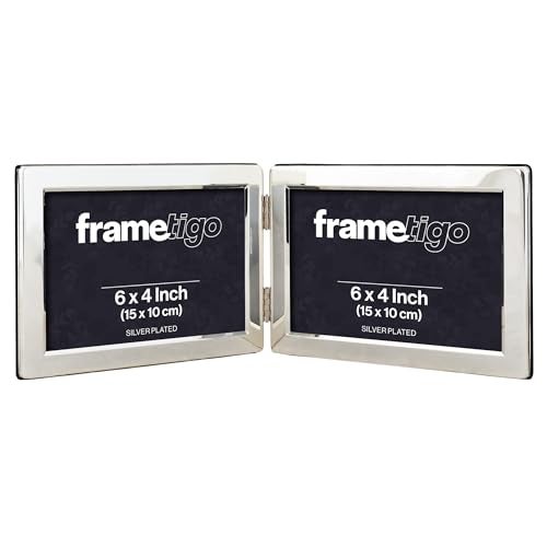 Frametigo  Silver Plated Flat Edge Double Landscape Photo Frame 6x4 15x10cm Photo Size  Velvet Frame Backing  Stand  Real Glass Window  Traditional Silver Picture Frames  Tarnish Resistant