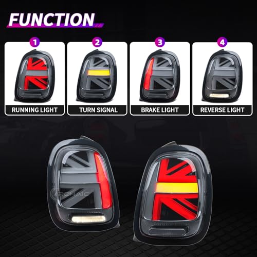 Archaic Tail Lights Assembly for Mini Cooper F55-57, Tail Lamp with Sequential Turn Signal Light, Full LED Rear Light Union Jack Light for Mini Cooper 2014-2021, Plug&Play, Pair, White - Image 2