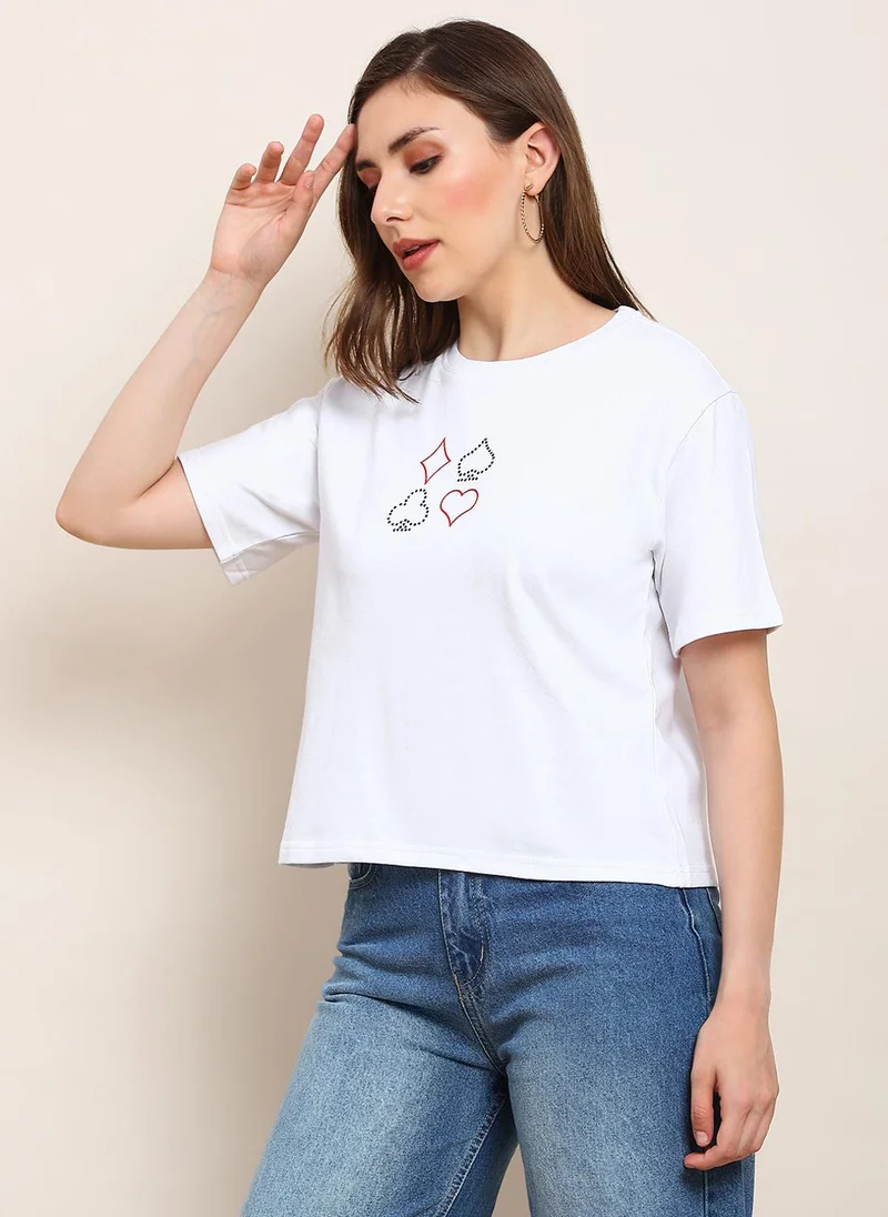 globus Globus Women White Round Neck Drop Shoulder Sleeves Graphic Print Sequin Detail Boxy Fit Crop T-Shirt