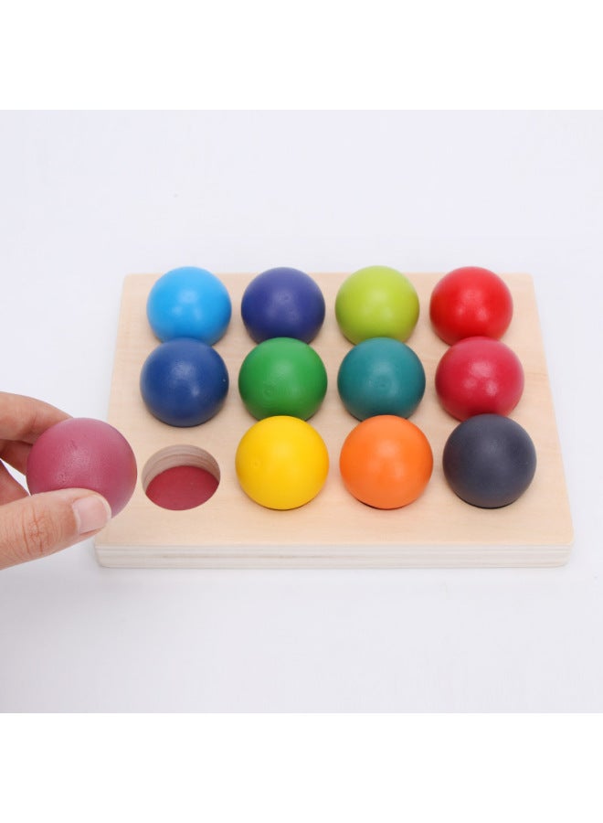 Montessori Rainbow Sorting Ball 12 Color Matching Board Color Cognitive Kindergarten Children's Educational Early Education Wooden Toys-Color:12 Rainbow Picking Ball Matching Toy  - Image 1