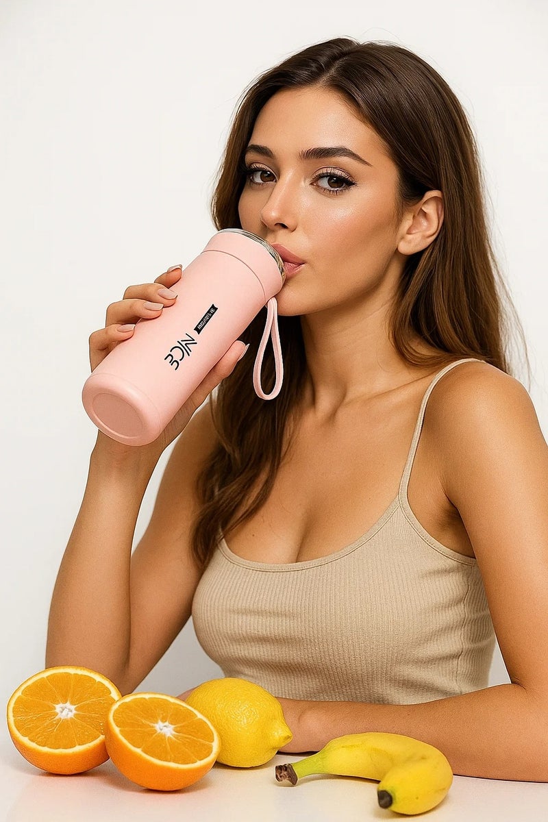 سيمهو مج  نايس للمشروبات زجاج مغطي بالبلاستيك صحي وأمن-قارورة حرارية 400 مل بغطاء فضي ومقبض للحفاظ على الحرارة باردة او ساخنة ، قفل محكم لمنع تسرب السوائل - Image 2