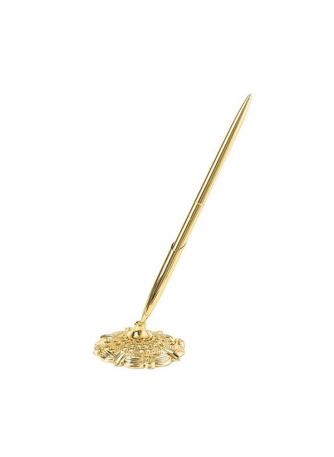lasenersm 1 Piece Pen Holder Hollow Round Pen Holder Signing Pen Set Pen Stand Guest Sign In Pen And Pen Stand Set Wedding Signing Pen Set Wedding Guest Book Pen With Stand, Golden  - Image 1