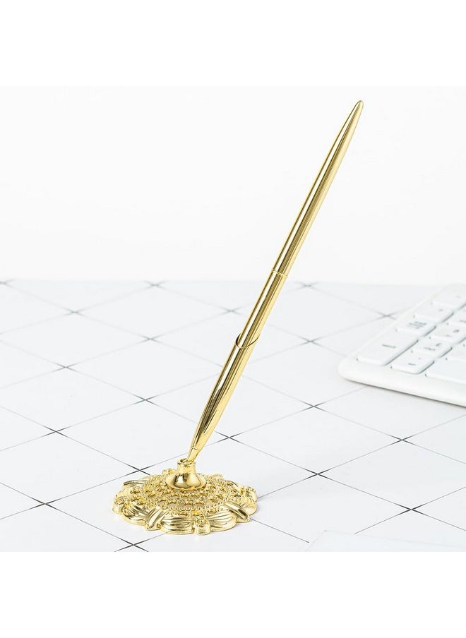 lasenersm 1 Piece Pen Holder Hollow Round Pen Holder Signing Pen Set Pen Stand Guest Sign In Pen And Pen Stand Set Wedding Signing Pen Set Wedding Guest Book Pen With Stand, Golden  - Image 3