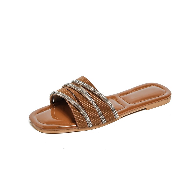 Bohemian Style 2025 New Women''s Sandals with Rhinestones, Fashionable Beach Soft-Soled Outdoor Versatile Flat Slippers Size 33 - Image 4
