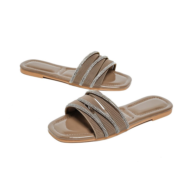 Bohemian Style 2025 New Women''s Sandals with Rhinestones, Fashionable Beach Soft-Soled Outdoor Versatile Flat Slippers Size 33 - Image 3