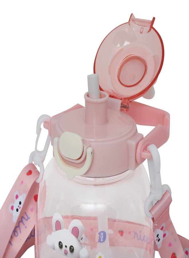 شيري بوكس زجاجة مياه باردة بلاستيكية كبيرة السعة من CherryBox، لطيفة وخالية من مادة BPA، مزودة بغطاء قابل للطي وحزام كتف مع ملصقات يمكنك صنعها بنفسك (لون وردي) - Image 4