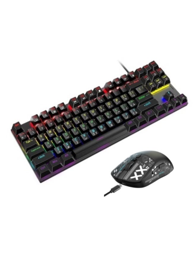 HXSJ English Arabic Gaming Keyboard and Mouse Sets, 87 Keys Mechanical Keyboard with LED Backlit, Quick Response USB Wired Keyboard with T90 Gaming Mouse - Image 1