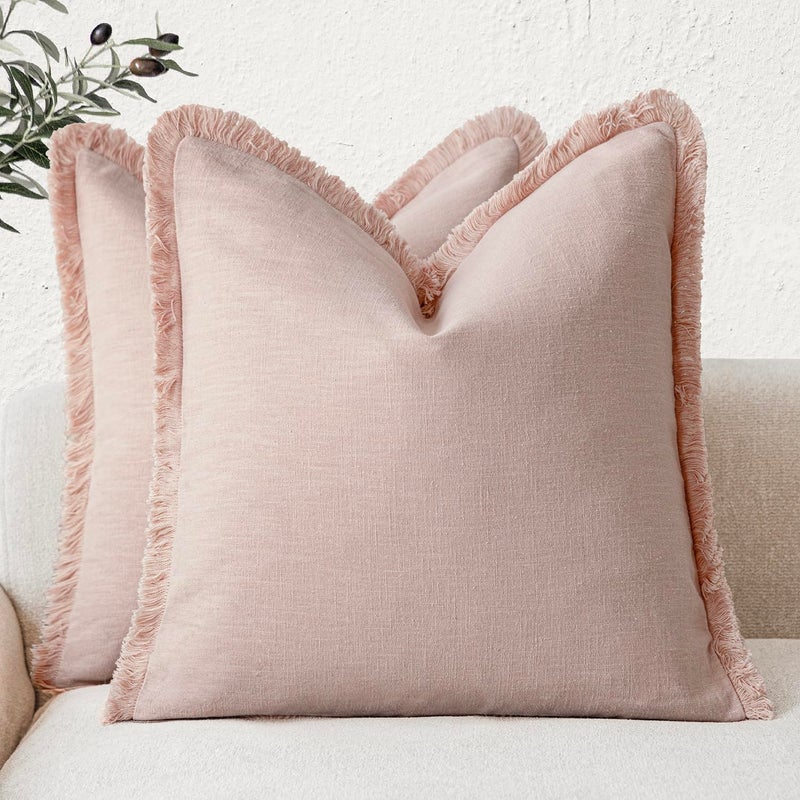 Foindtower Set of 2 Decorative Linen Fringe Throw Pillow Covers Cozy Boho Farmhouse Cushion Cover with Tassels Soft Accent Pillowcase for Couch Sofa Bed Living Room Home Decor,26Ã—26 Inch,Light Pink - Image 1
