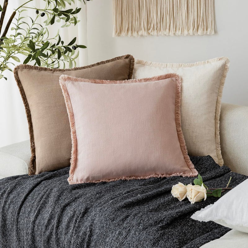 Foindtower Set of 2 Decorative Linen Fringe Throw Pillow Covers Cozy Boho Farmhouse Cushion Cover with Tassels Soft Accent Pillowcase for Couch Sofa Bed Living Room Home Decor,26Ã—26 Inch,Light Pink - Image 5