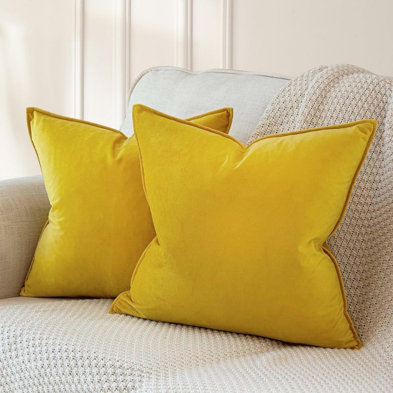 VAKADO Throw Pillow Covers 18x18 Set of 2 Yellow Spring Velvet Decor Decorative Couch Cushion Euro with Fringe Pillowcases Home Bed Decoration for Sofa Bedroom Office Indoor - Image 1