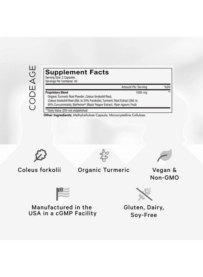 Codeage Forskolin, Pure Forskolin Coleus + Organic Turmeric Root Powder, 95% Curcuminoids + Bioperine Black Pepper - 20% Standardized Coleus Forskohlii - Forskolin Supplement - Non-GMO - 90 Capsules - Image 2