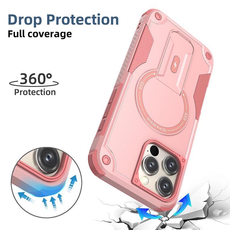 US LITE Back Cover for iPhone 16 Pro Max with Portable Kickstand | Mag-Safe Compatible Magnetic Case | Shockproof Military Grade Protection | Extreme Protection Phone Cover – Pink - Image 3