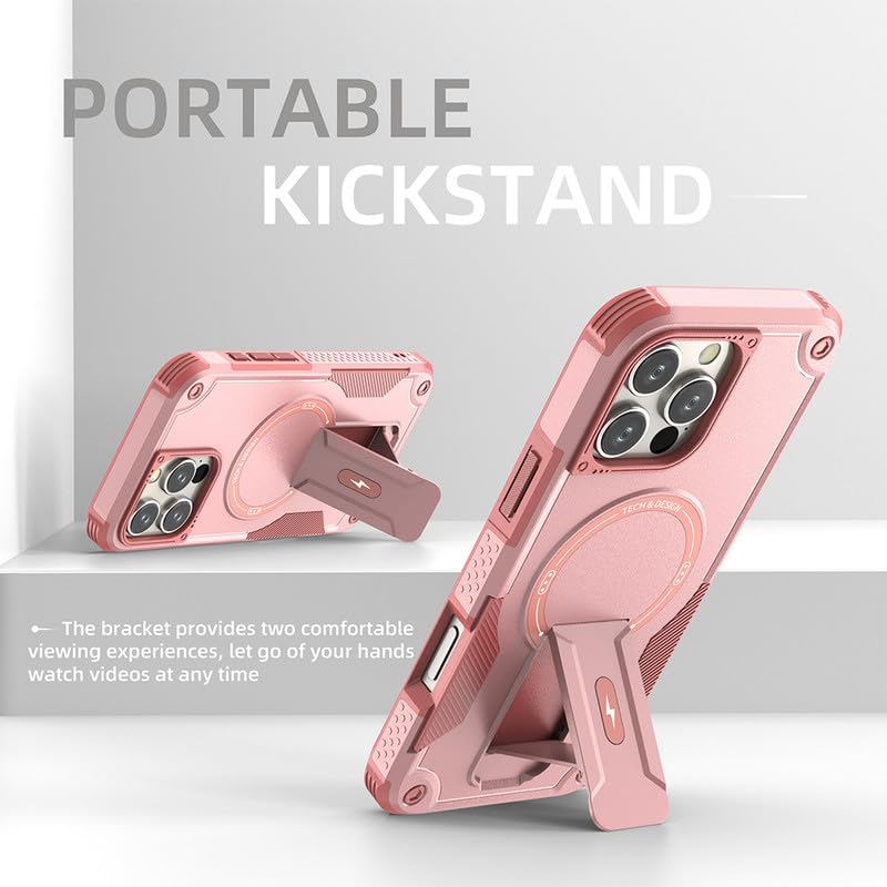 US LITE Back Cover for iPhone 16 Pro Max with Portable Kickstand | Mag-Safe Compatible Magnetic Case | Shockproof Military Grade Protection | Extreme Protection Phone Cover – Pink - Image 5