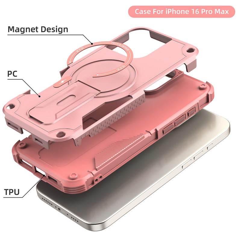 US LITE Back Cover for iPhone 16 Pro Max with Portable Kickstand | Mag-Safe Compatible Magnetic Case | Shockproof Military Grade Protection | Extreme Protection Phone Cover – Pink - Image 4